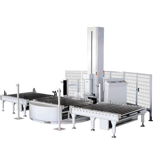 Online pallet stretch wrapping machine with conveyors