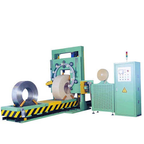 Steel coil wrapping machine with trolley