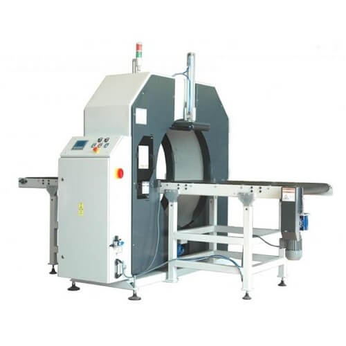 Automatic horizontal orbital wrapping machine for door panels